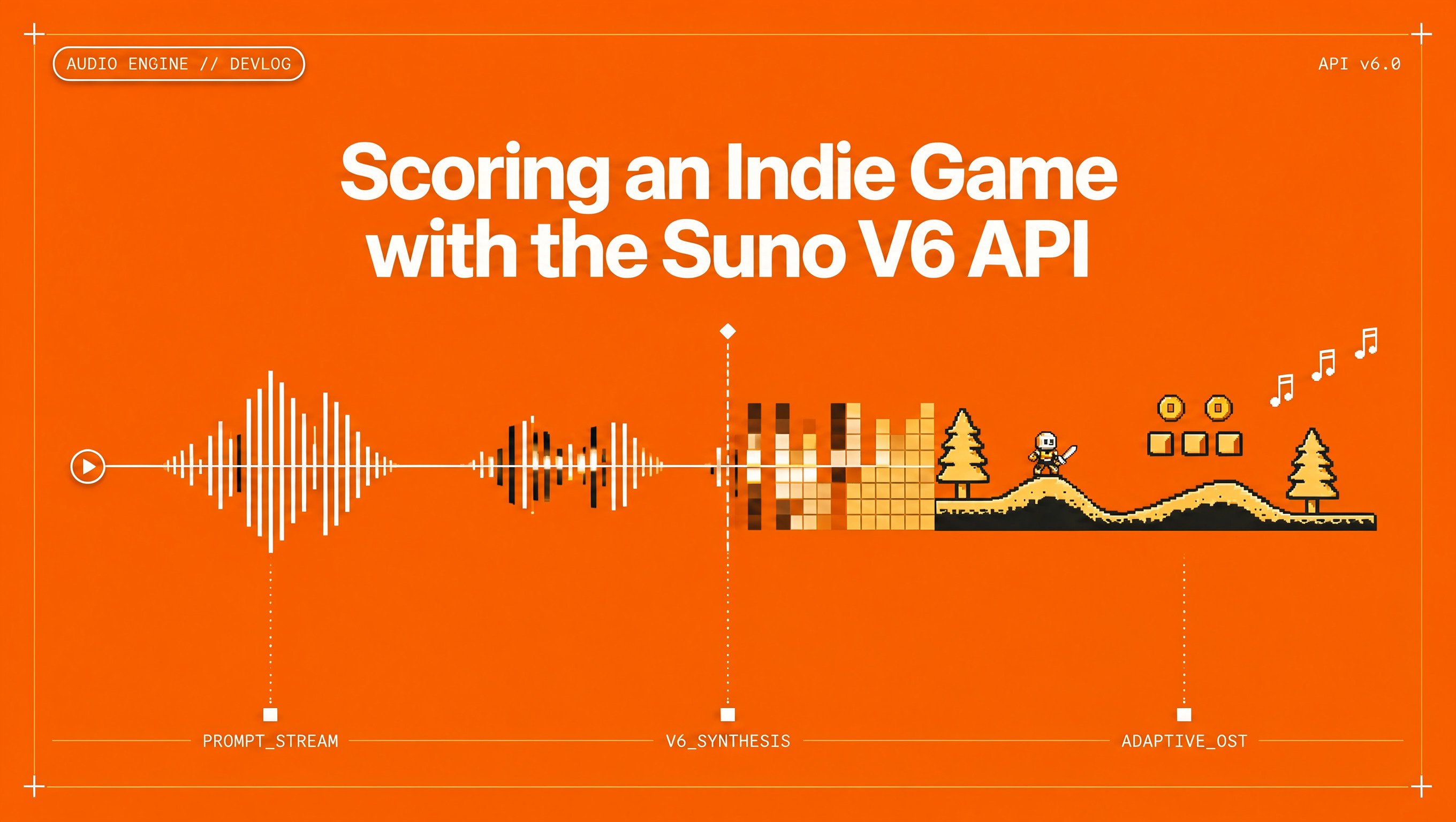 Scoring an Indie Game with the Suno V6 API_orange  background and theme as like fenced.ai.jpg